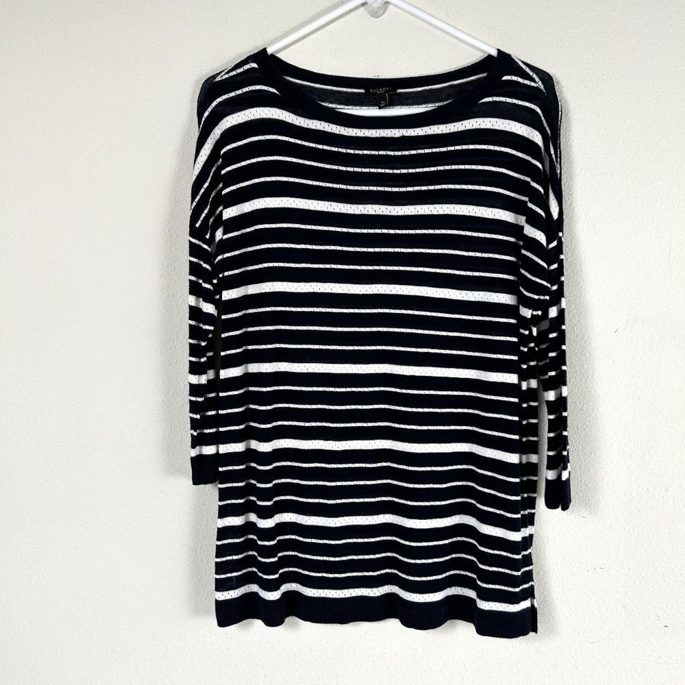 Talbots Sweater Womens LP Blue White Striped Linen Viscose‎ 3/4 Sleeve Pullover